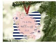 Load image into Gallery viewer, Navy Blue + Floral Mr. and Mrs. Last Name Ornament