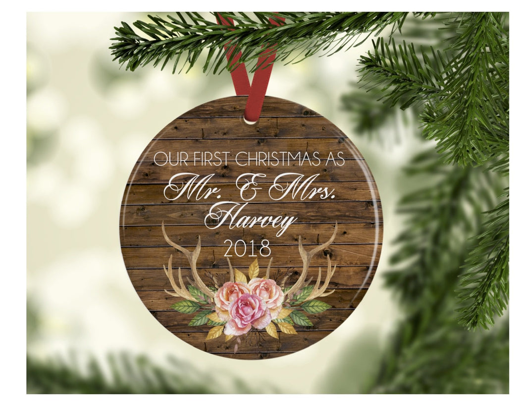 Floral Antlers on Wood - Our First Christmas Mr & Mrs