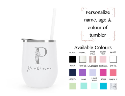 Floral Letter and Name - stainless steel wine tumbler