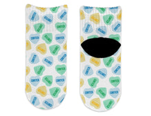 Load image into Gallery viewer, Personalized Socks - Candy Hearts (blue/green/yellow) Valentine&#39;s Day