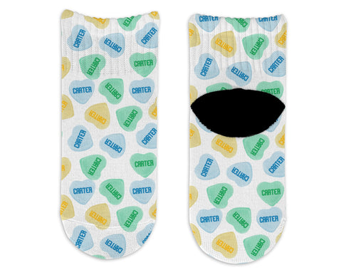 Personalized Socks - Candy Hearts (blue/green/yellow) Valentine's Day